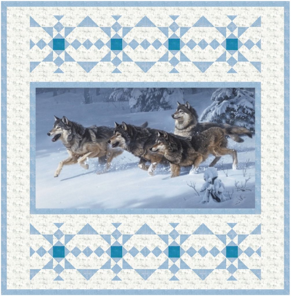 Winterlicher Wandquilt aus einem Panel mit Wolfsrudel und zierlichen Blöcken